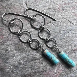 Sterling Silver Turquoise Earrings | Genuine Turquoise on Hammered Silver Ring Long Dangle Earrings Handmade Jewelry Gift for Her
