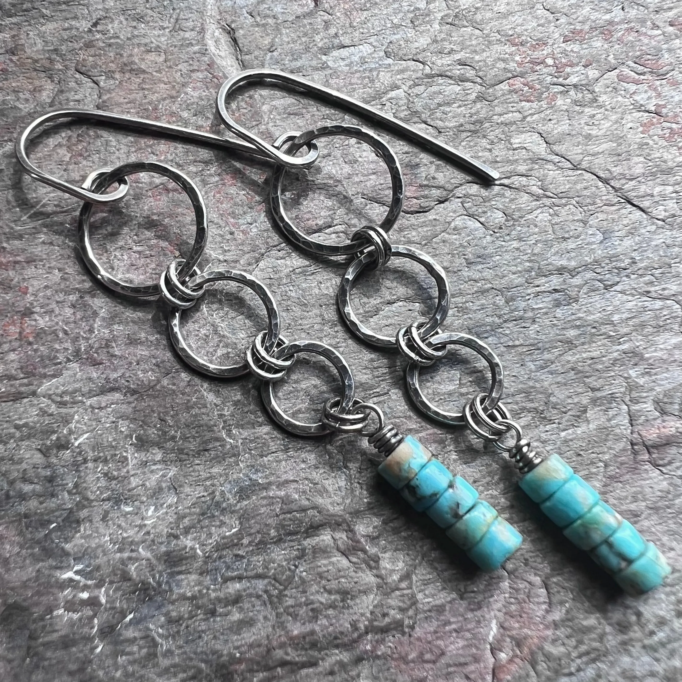 Sterling Silver Turquoise Earrings | Genuine Turquoise on Hammered Silver Ring Long Dangle Earrings Handmade Jewelry Gift for Her