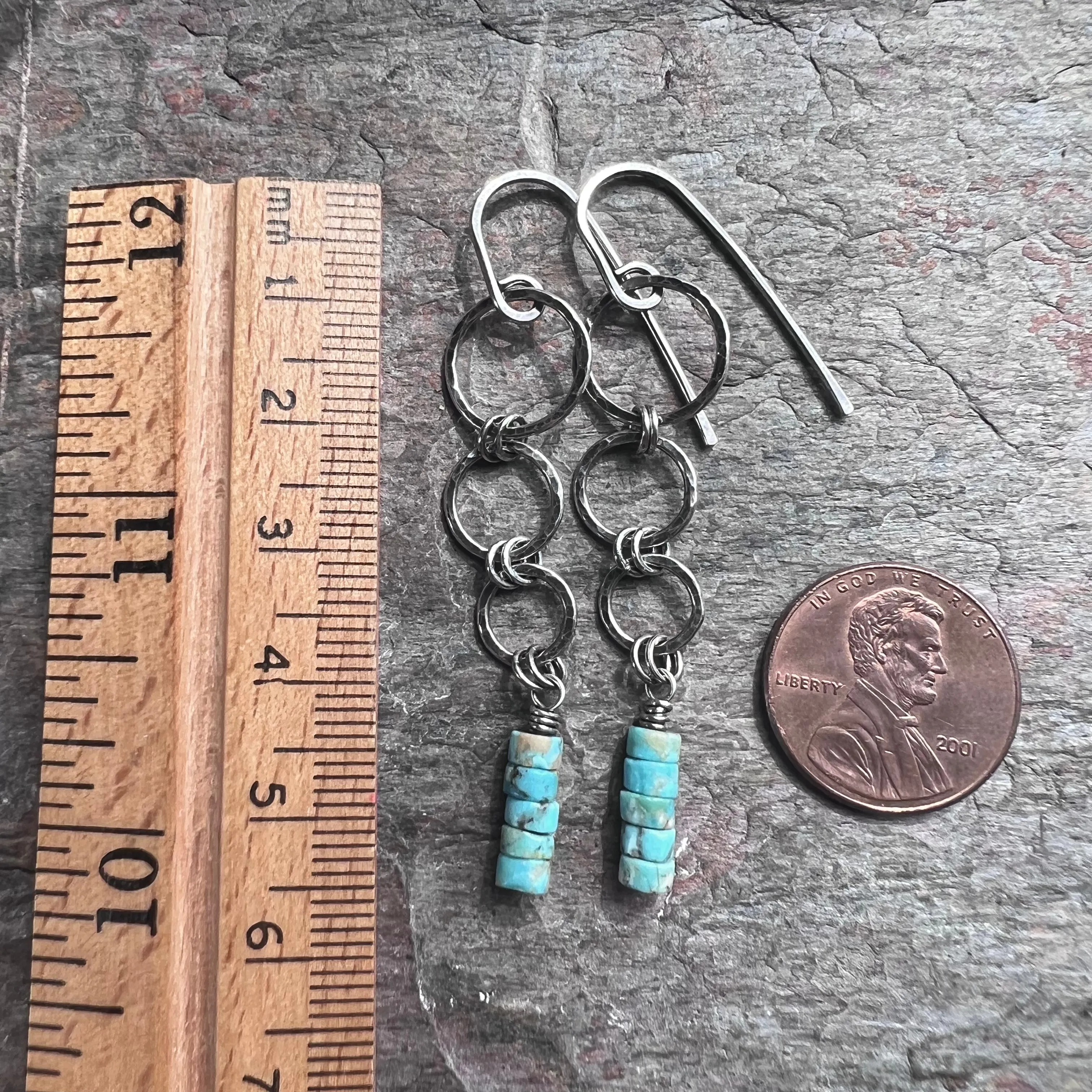 Sterling Silver Turquoise Earrings | Genuine Turquoise on Hammered Silver Ring Long Dangle Earrings Handmade Jewelry Gift for Her