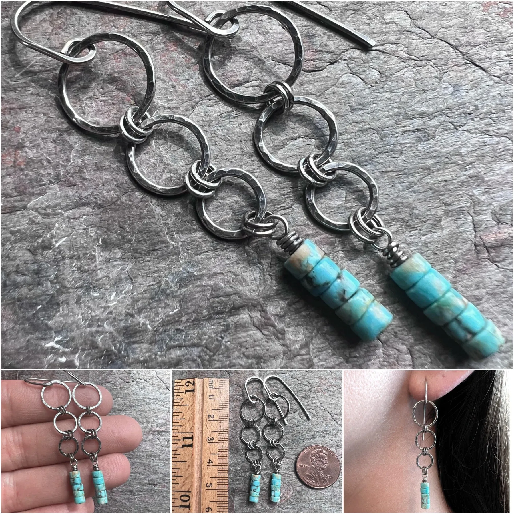 Sterling Silver Turquoise Earrings | Genuine Turquoise on Hammered Silver Ring Long Dangle Earrings Handmade Jewelry Gift for Her