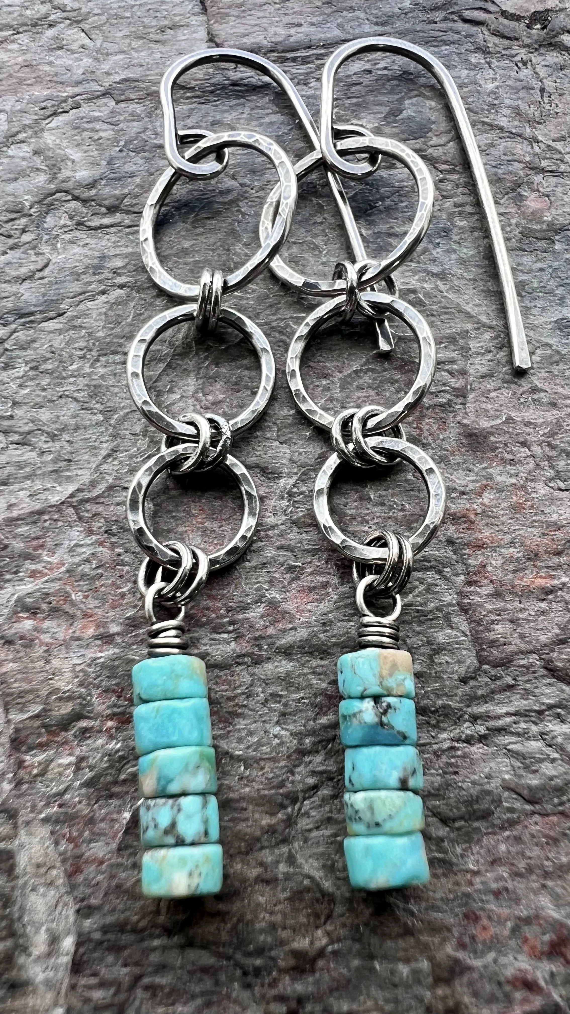 Sterling Silver Turquoise Earrings | Genuine Turquoise on Hammered Silver Ring Long Dangle Earrings Handmade Jewelry Gift for Her