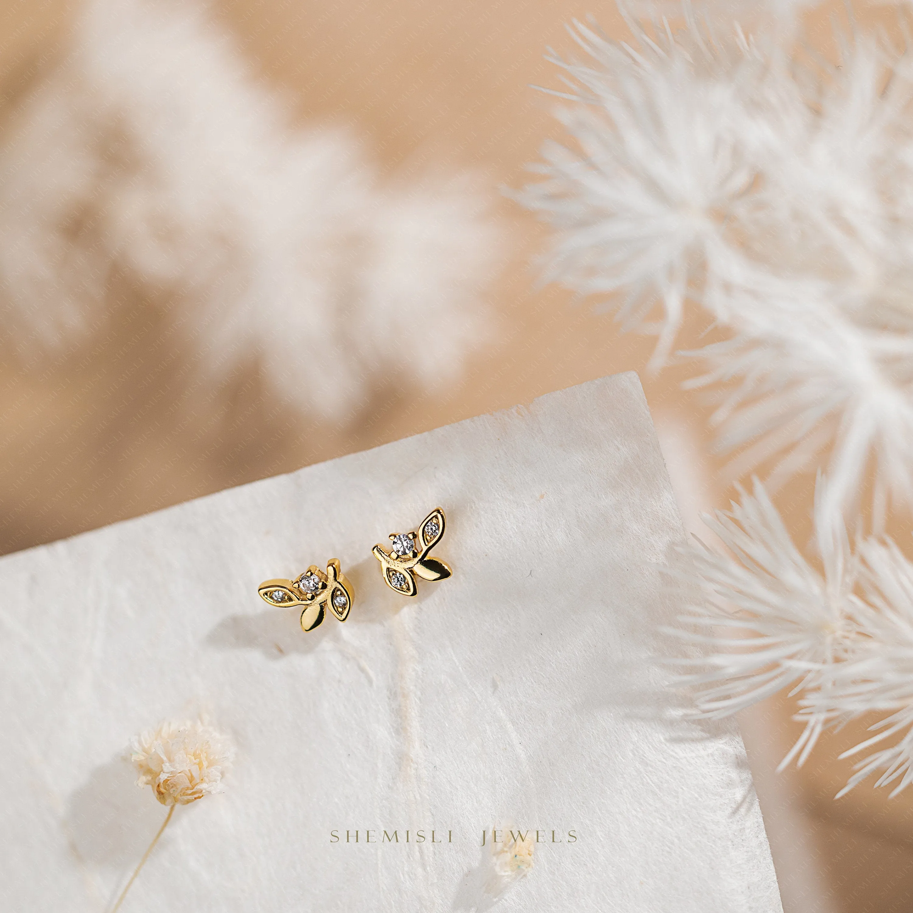 Tiny Leaf CZ Earrings, Unisex, Gold, Silver SHEMISLI - SS142, SS667 Butterfly End, SS668 Screw Ball End (Type A) LR