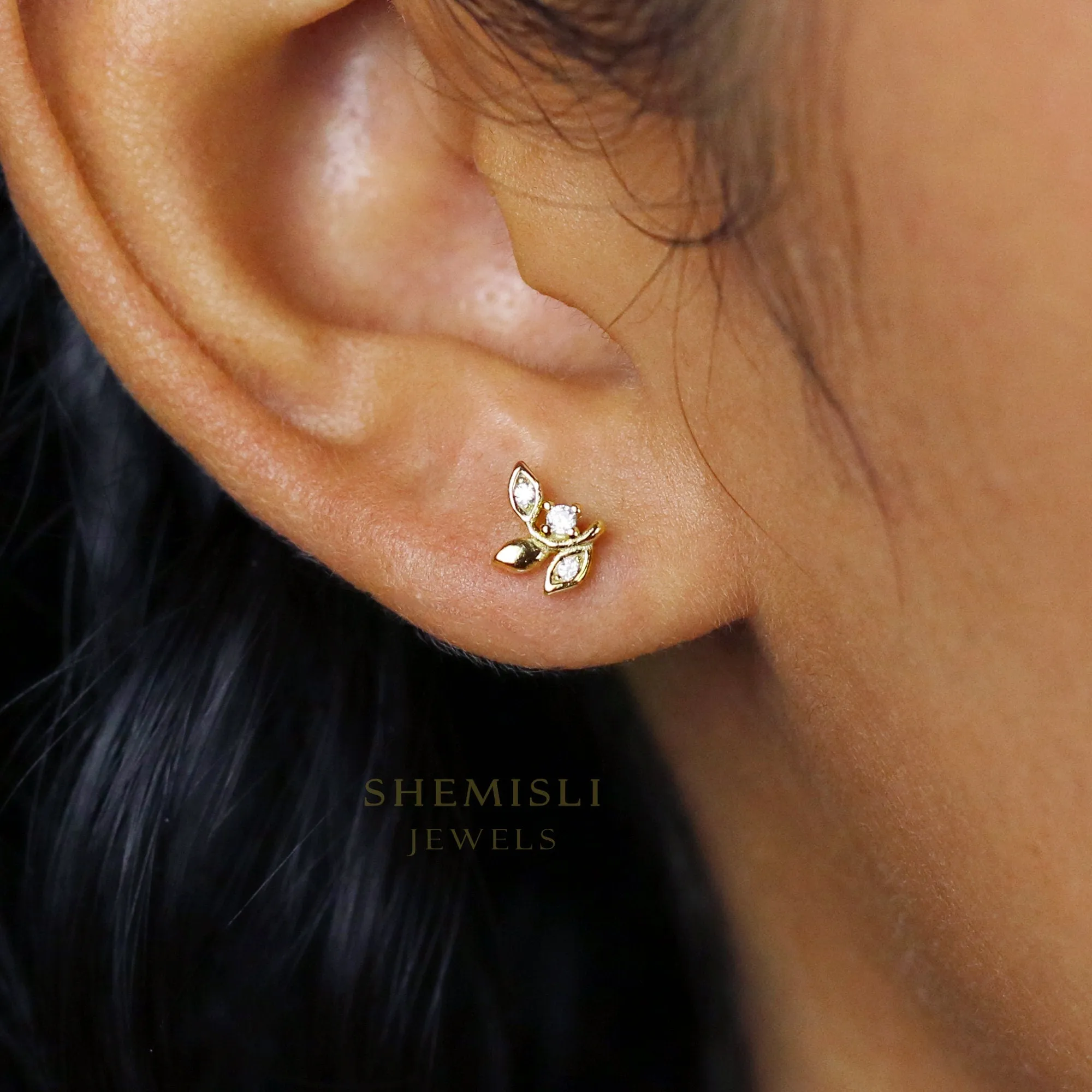 Tiny Leaf CZ Earrings, Unisex, Gold, Silver SHEMISLI - SS142, SS667 Butterfly End, SS668 Screw Ball End (Type A) LR