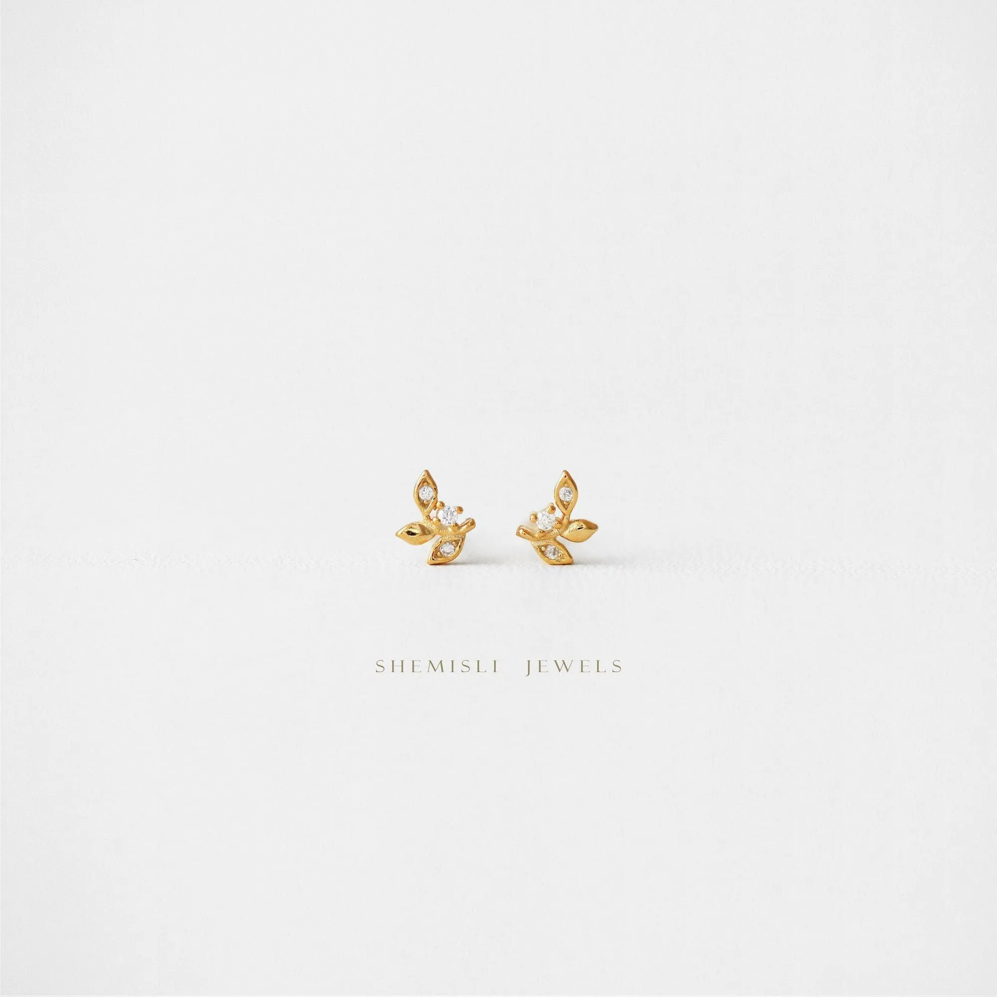 Tiny Leaf CZ Earrings, Unisex, Gold, Silver SHEMISLI - SS142, SS667 Butterfly End, SS668 Screw Ball End (Type A) LR