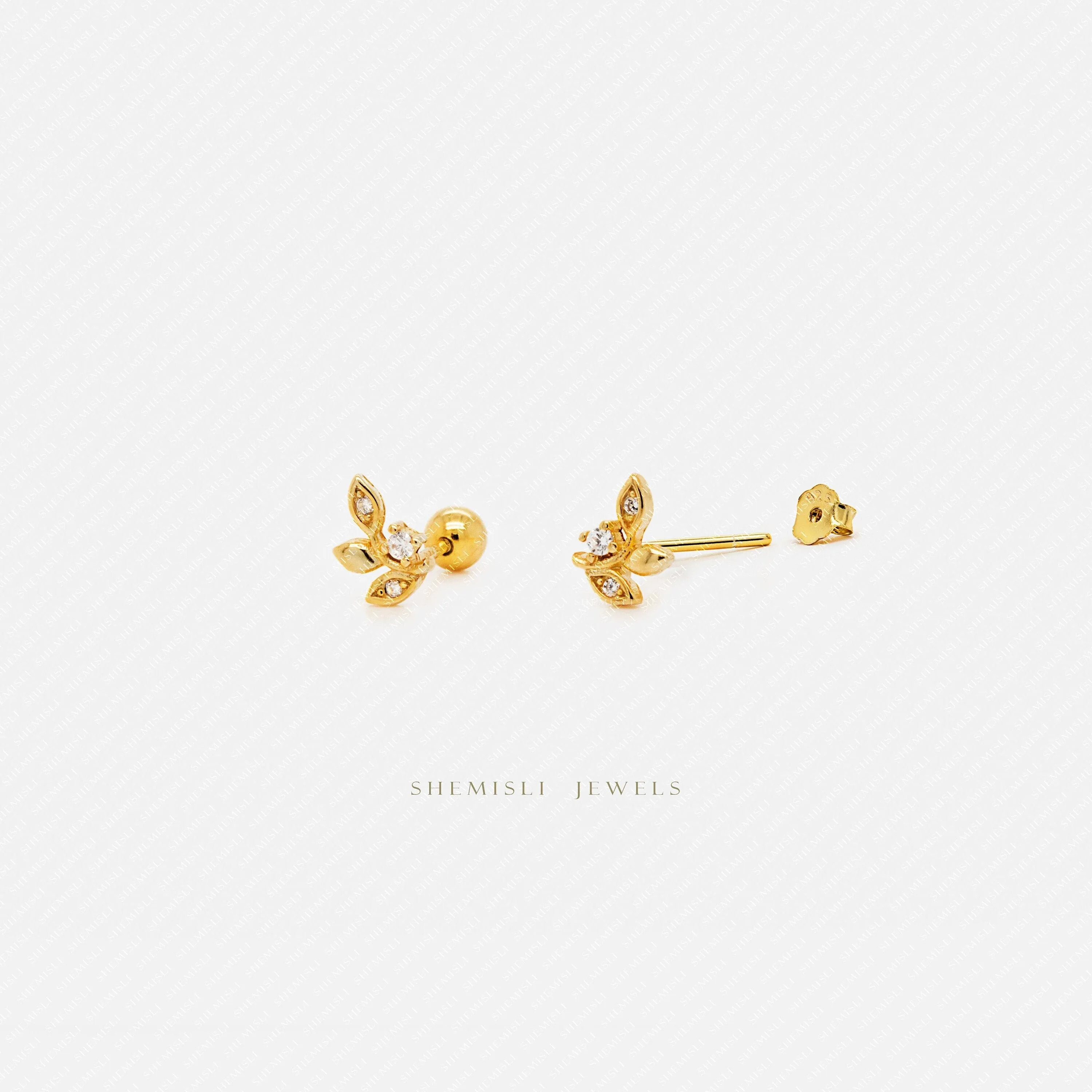 Tiny Leaf CZ Earrings, Unisex, Gold, Silver SHEMISLI - SS142, SS667 Butterfly End, SS668 Screw Ball End (Type A) LR