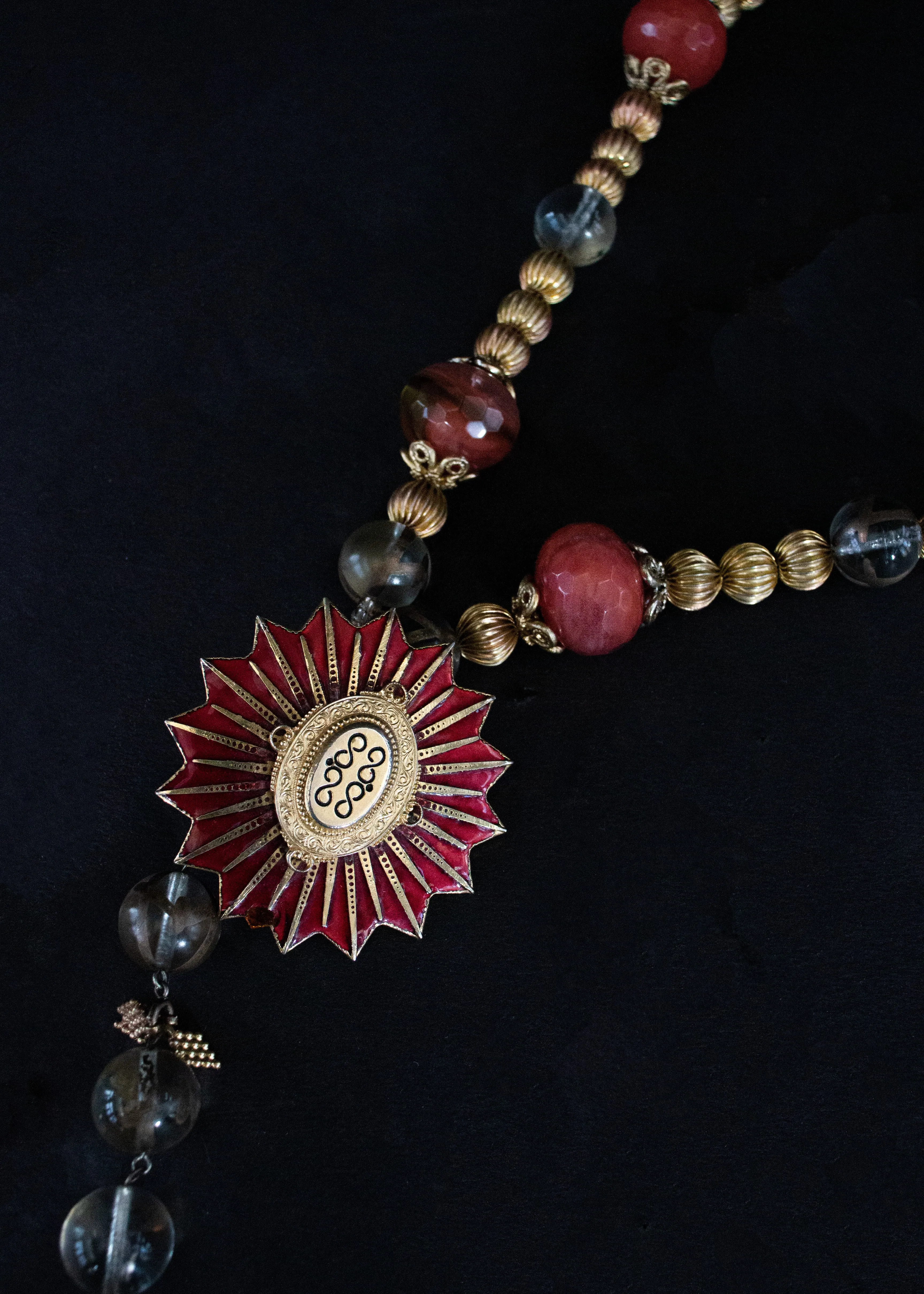 Vermeil , Enamel, Crystal  and Rose Quartz Rosary  Necklace