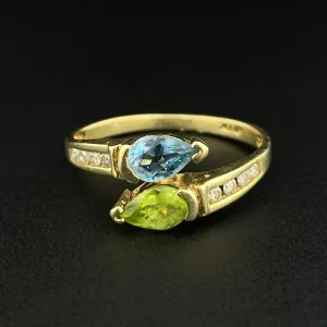 Vintage 10K Gold Aquamarine Peridot Diamond Bypass Ring, Sz 6 3/4