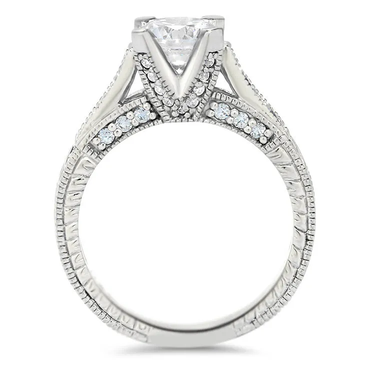 Vintage Inspired Carved Diamond Engagement Ring - Royal Crown