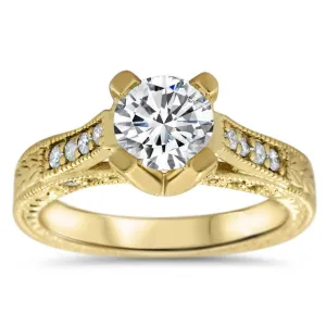Vintage Inspired Carved Diamond Engagement Ring - Royal Crown