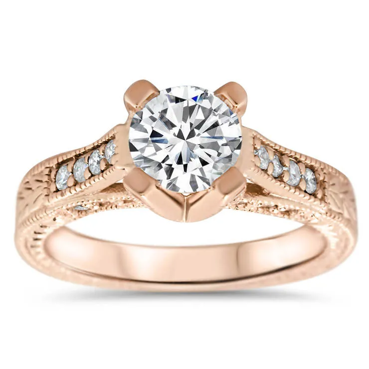 Vintage Inspired Carved Diamond Engagement Ring - Royal Crown