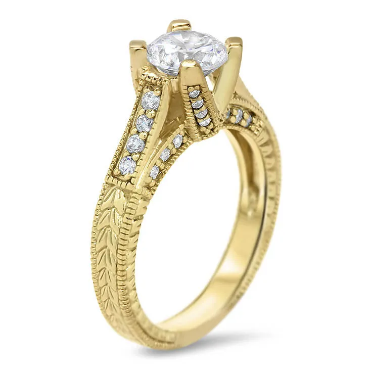 Vintage Inspired Carved Diamond Engagement Ring - Royal Crown