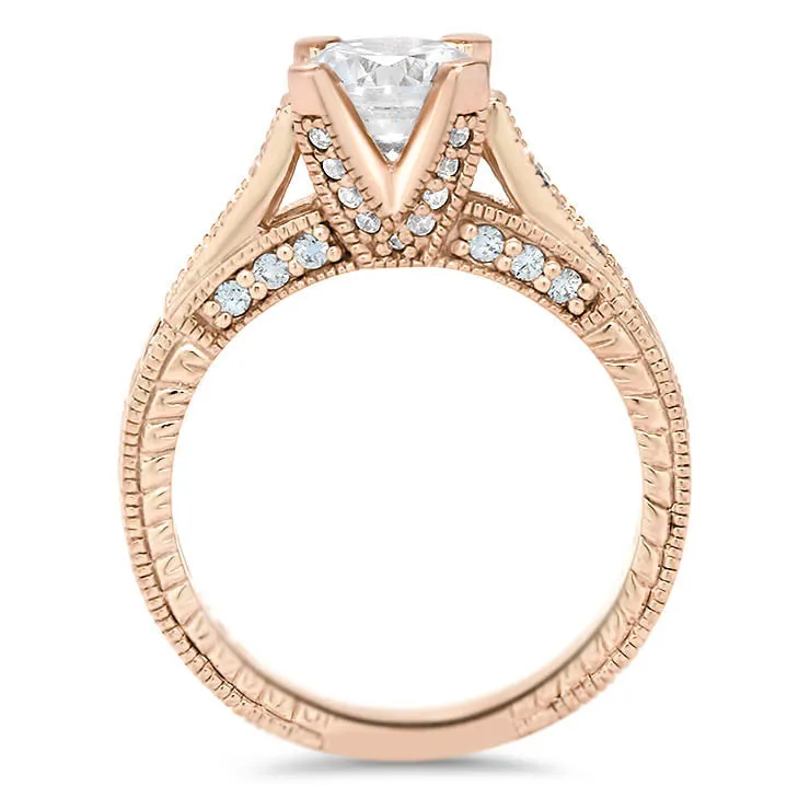 Vintage Inspired Carved Diamond Engagement Ring - Royal Crown