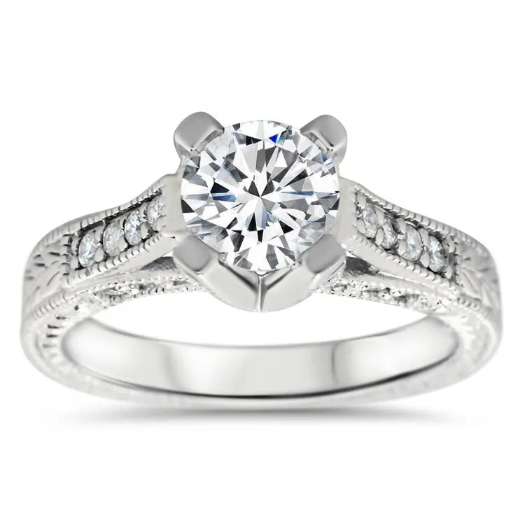 Vintage Inspired Carved Diamond Engagement Ring - Royal Crown
