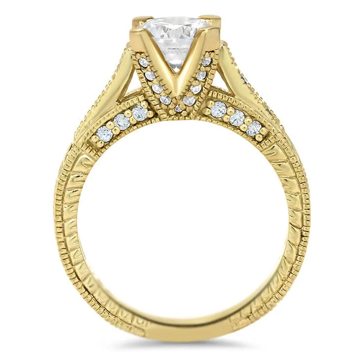 Vintage Inspired Carved Diamond Engagement Ring - Royal Crown