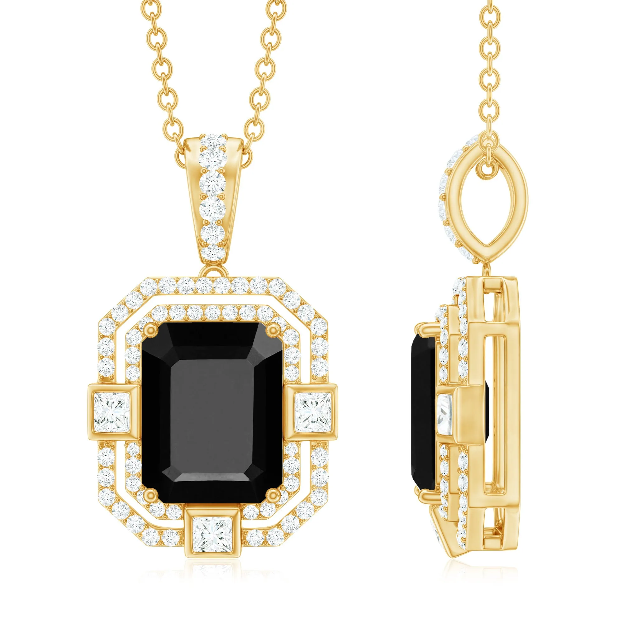 Vintage Inspired Octagon Black Spinel Pendant with Diamond