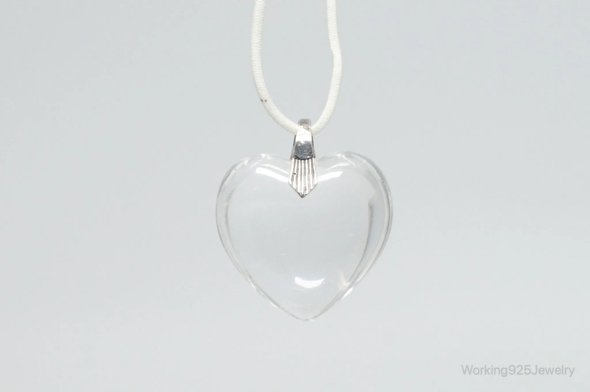 Vintage Large Glass Heart Sterling Silver Necklace Pendant