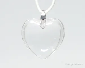 Vintage Large Glass Heart Sterling Silver Necklace Pendant