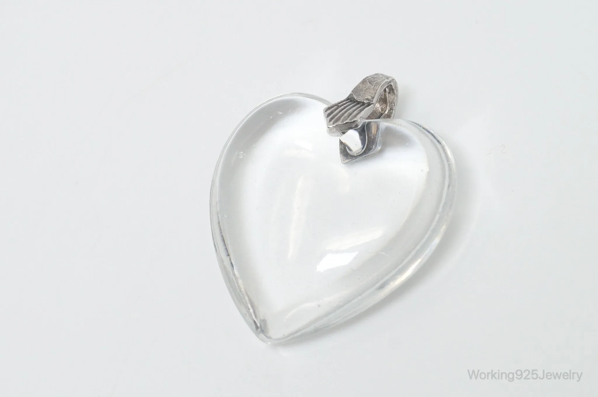 Vintage Large Glass Heart Sterling Silver Necklace Pendant