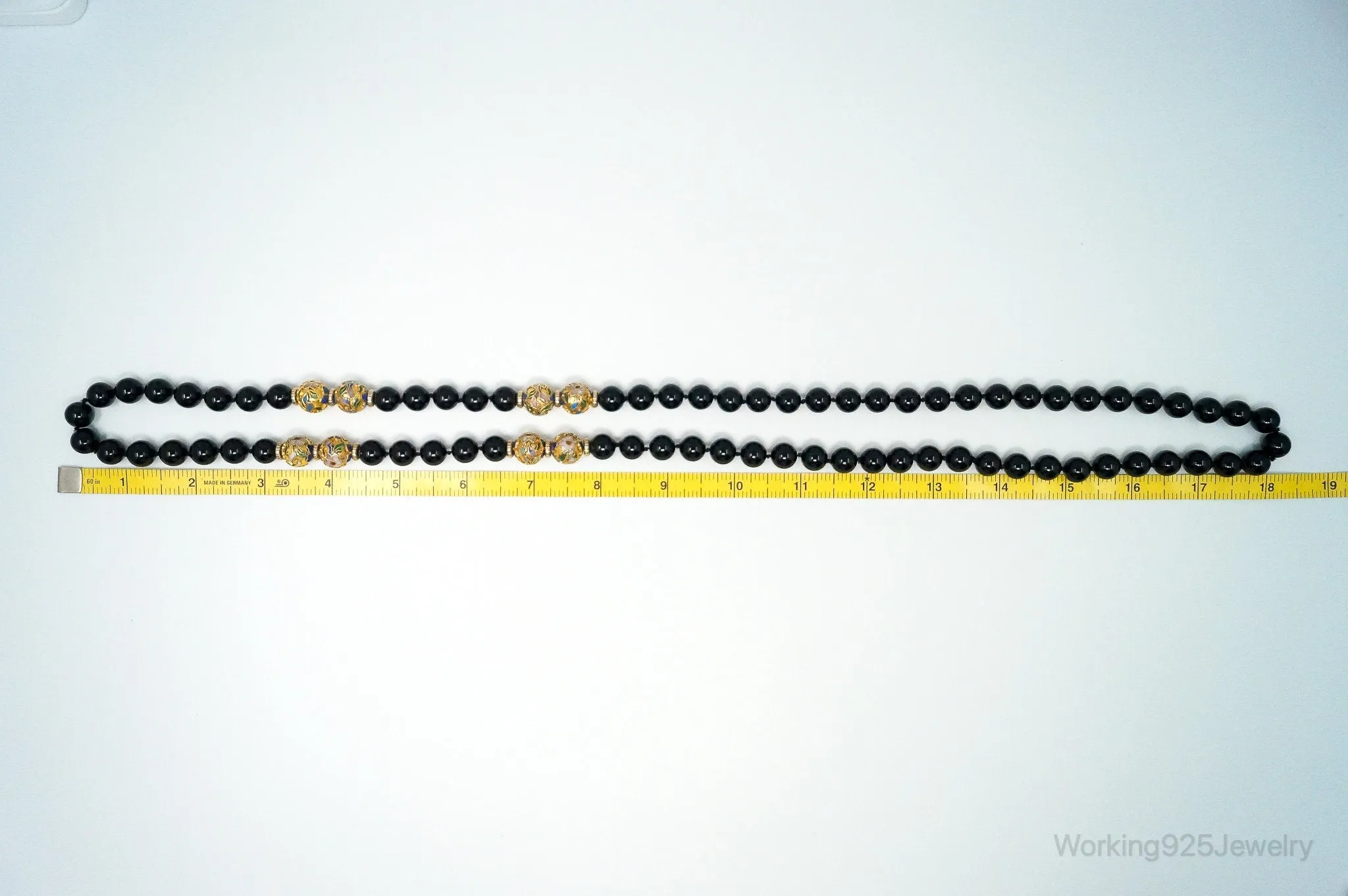 Vintage Long Black Onyx Cloisonne Beads Necklace