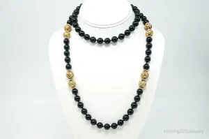 Vintage Long Black Onyx Cloisonne Beads Necklace