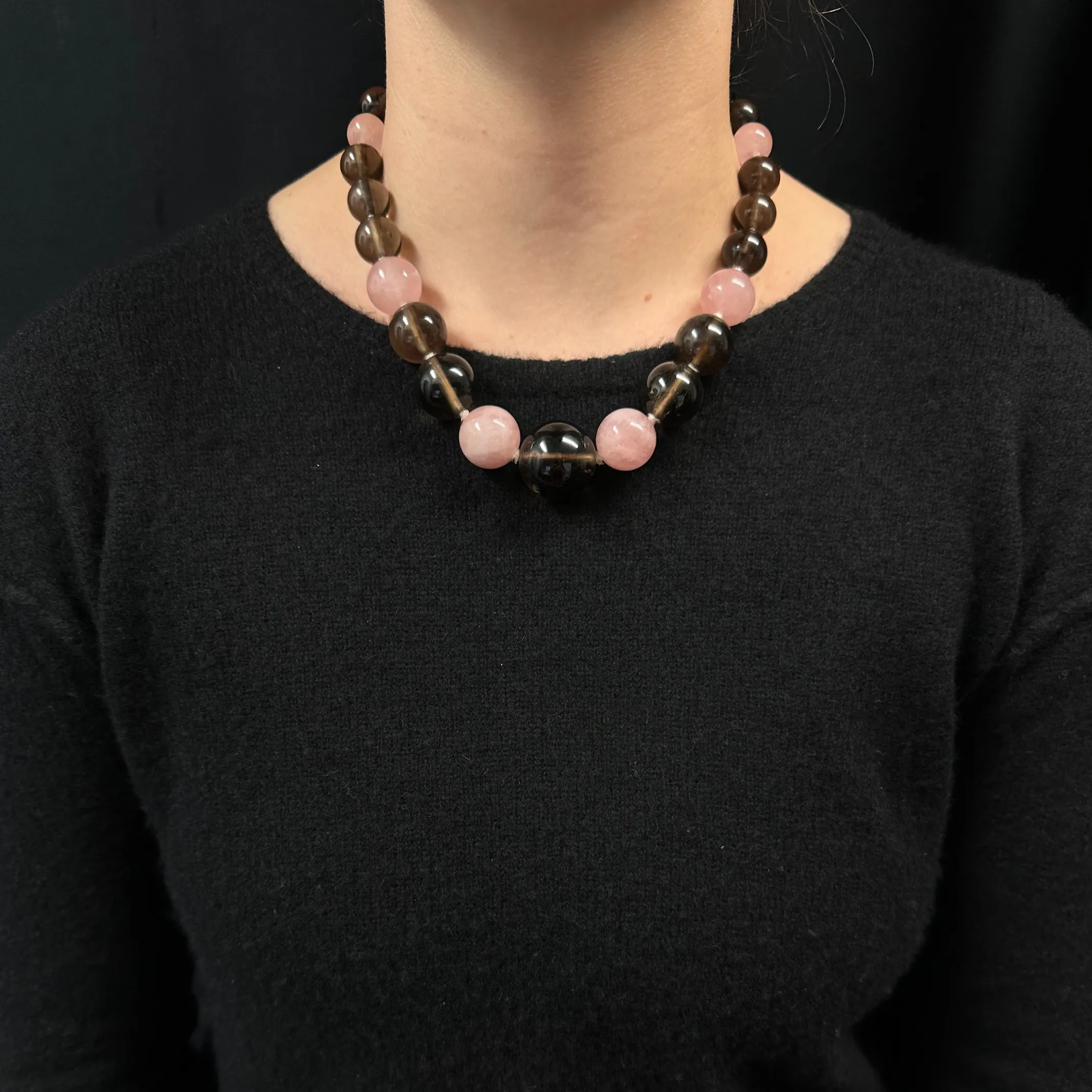 Vintage Smoky Quartz & Rose Quartz Bead Necklace C. 1940-1950