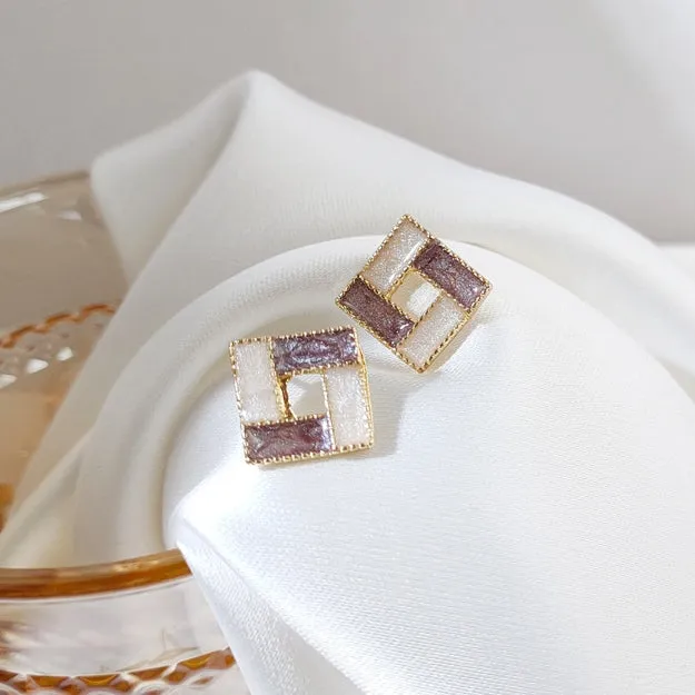 White Light Brown Crystal Mosaic Square Invisible Clip On Earrings