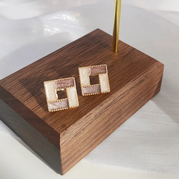 White Light Brown Crystal Mosaic Square Invisible Clip On Earrings