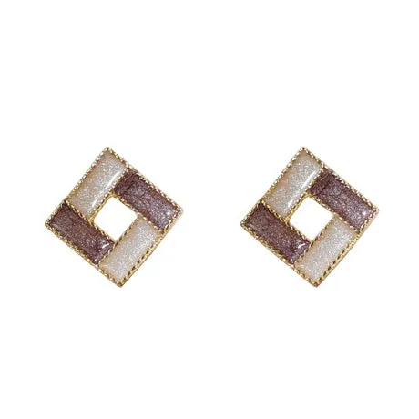 White Light Brown Crystal Mosaic Square Invisible Clip On Earrings