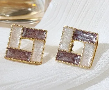 White Light Brown Crystal Mosaic Square Invisible Clip On Earrings