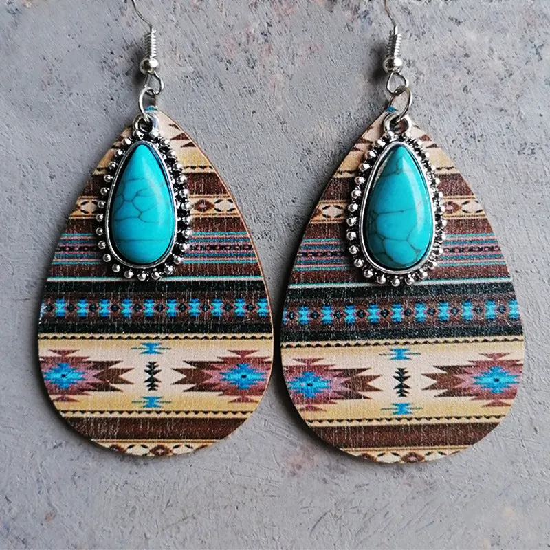 Wholesale  2 Pairs/Pack Turquoise Pendant Aztec Western Wooden Earrings