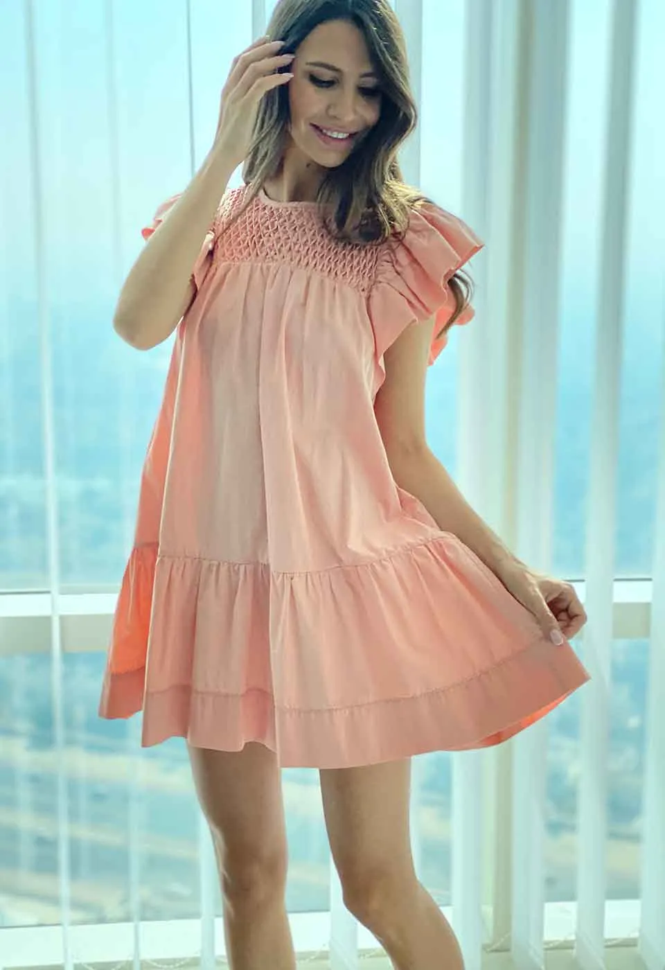 WISH YOU WERE MINE - HAND SMOCK RUFFLE MINI DRESS