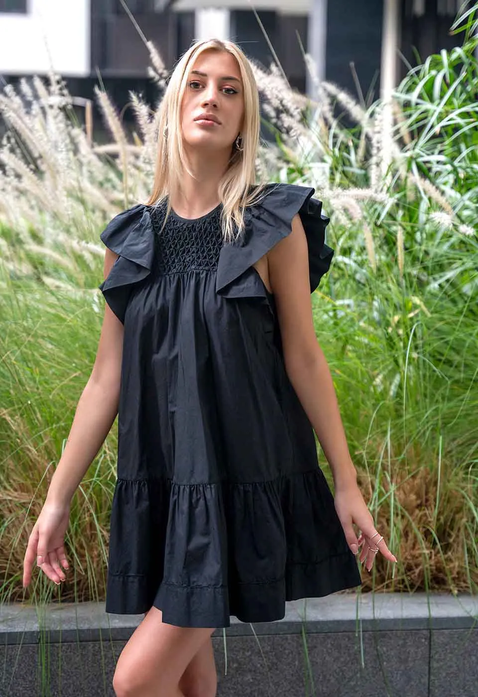 WISH YOU WERE MINE - HAND SMOCK RUFFLE MINI DRESS