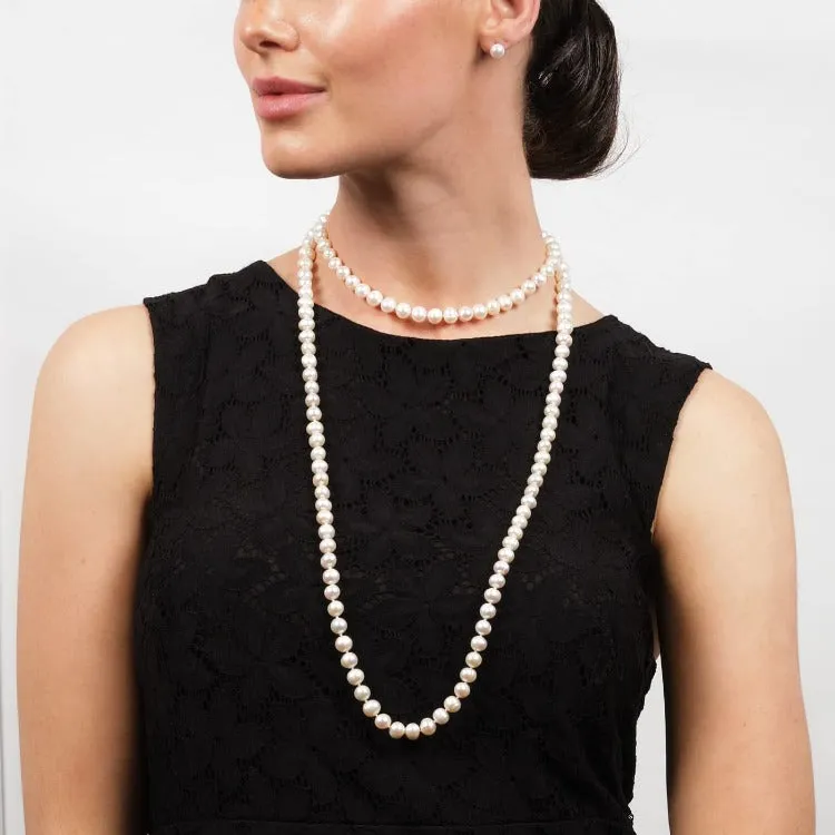 Womens Pearl Necklace Set 8-9mm White Freshwater Pearl Necklace 64In and Stud Earrings