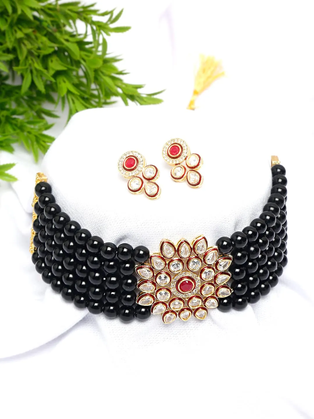 Yellow Chimes Kundan Jewellery Set for Women Black Beads Jewellery Set Ethnic Traditional Choker Necklace Set with Earrings for Women and Girls