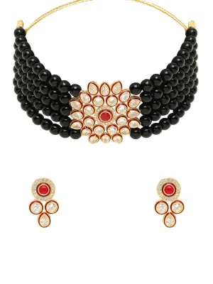 Yellow Chimes Kundan Jewellery Set for Women Black Beads Jewellery Set Ethnic Traditional Choker Necklace Set with Earrings for Women and Girls