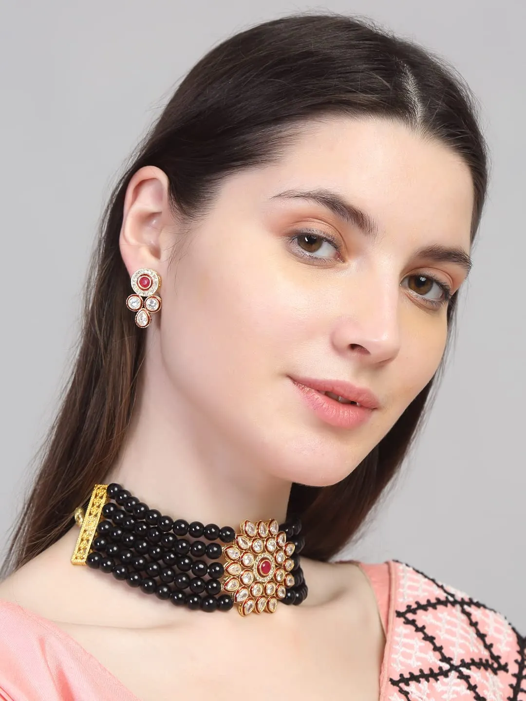 Yellow Chimes Kundan Jewellery Set for Women Black Beads Jewellery Set Ethnic Traditional Choker Necklace Set with Earrings for Women and Girls