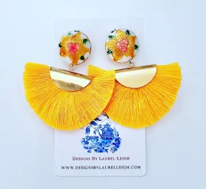 Yellow Cloisonné Fan Tassel Earrings