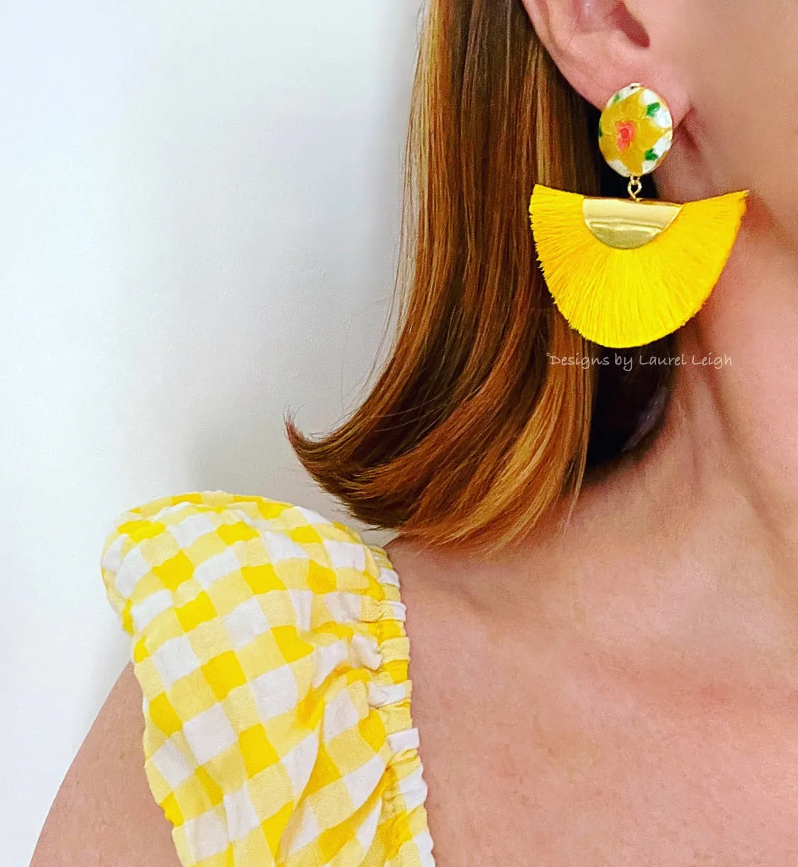 Yellow Cloisonné Fan Tassel Earrings