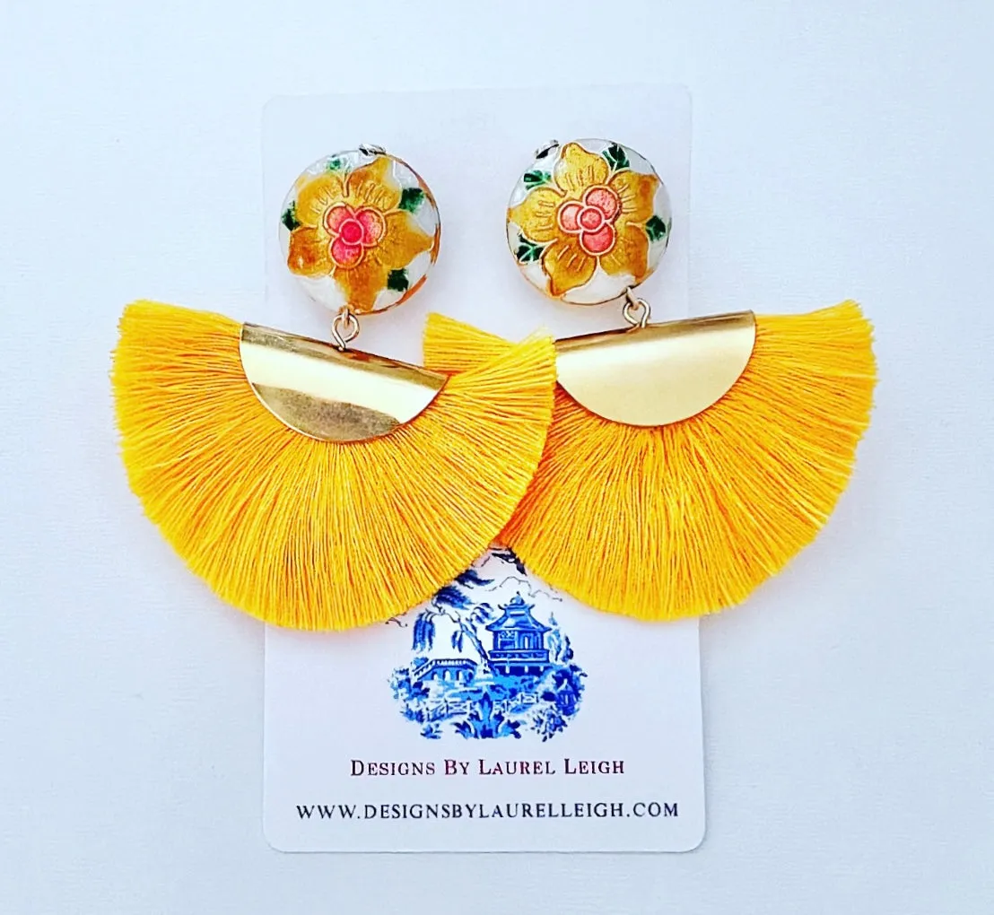 Yellow Cloisonné Fan Tassel Earrings